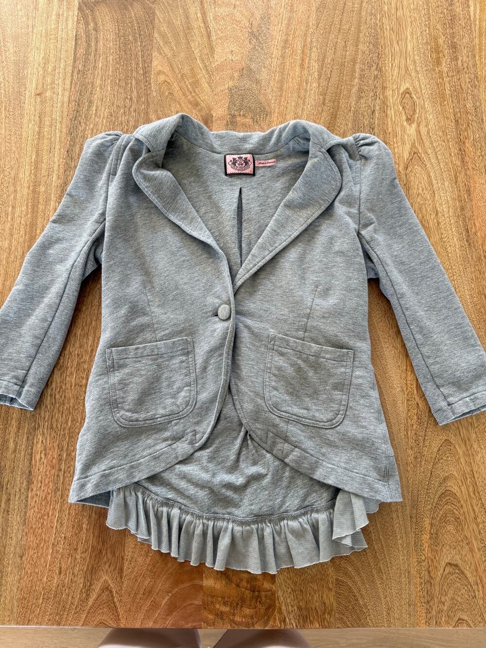 Juicy Couture Gray Knit Blazer Ruffle Hem Ruched Shoulers Patch pockets